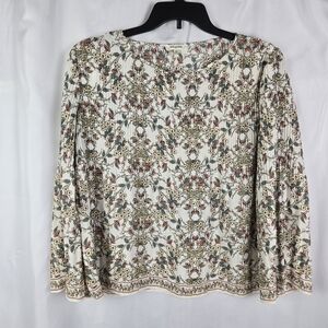 Max Studio Cream Floral Boho Micro Pleated Bell Sleeve Blouse Top Womens Small